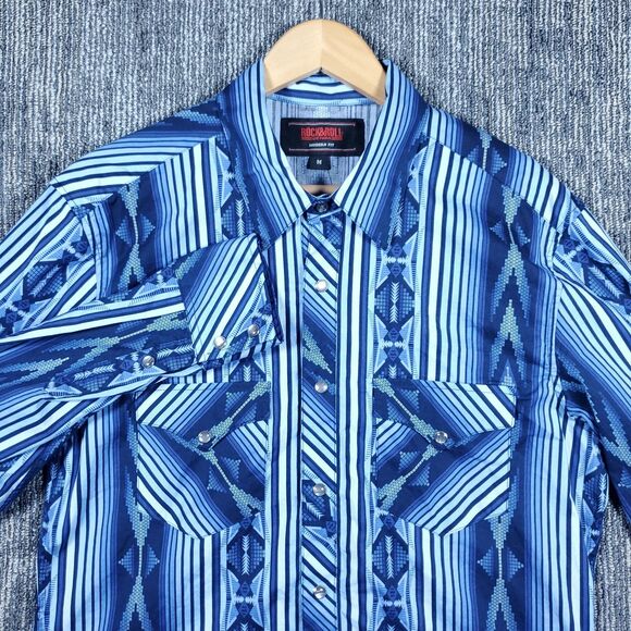 Rock & Roll Denim Pearl Snap Men’s M Aztec Western Southwest Rodeo Cowboy - Picture 2 of 14